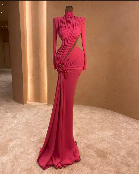 Charmante Meerjungfrau High Neck Rosa Plissee Lange Ballkleider Ballkleid 20. Geburtstag Outfits Abendkleid RB1552