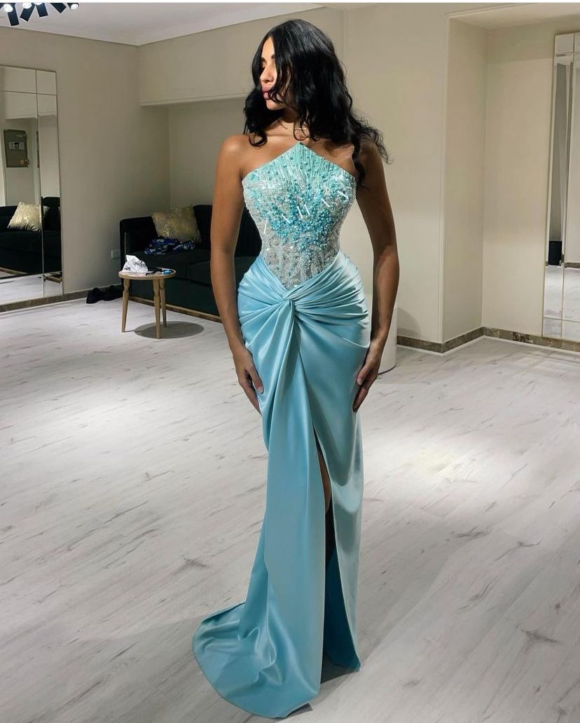 Robe de bal sirène sans bretelles en satin bleu plissé et perles, tenue de soirée pour adolescentes, tenue de 20e anniversaire, robe de bal RB1557