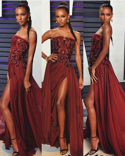 Modest Sheath Strapless Burgundy Chiffon Pleated Beaded Long Prom Dresses For Teens Formal Dress 20th Birthday Outfits Prom Gown RB1571