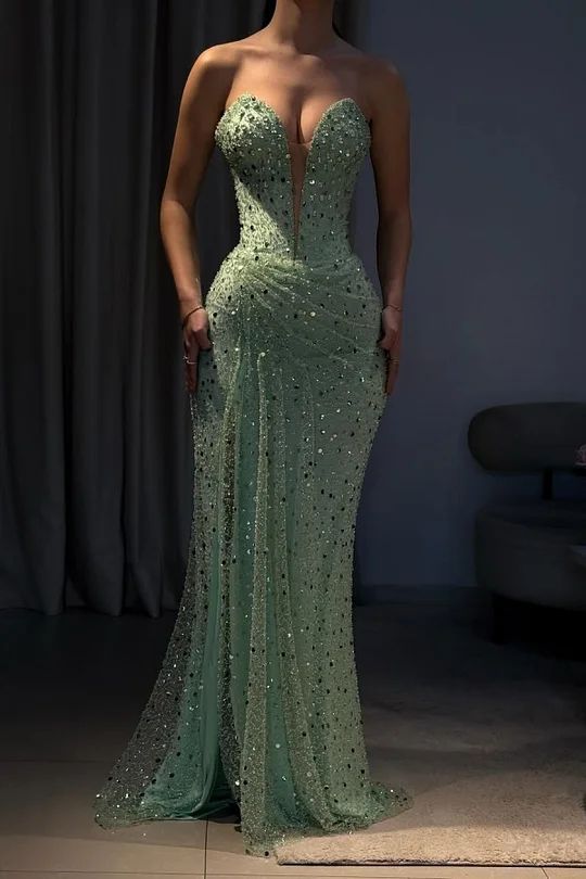 Robe de bal longue plissée à paillettes et perles, style sirène, décolleté en cœur, vert menthe, pour adolescentes, tenue de soirée pour 20e anniversaire, RB1574
