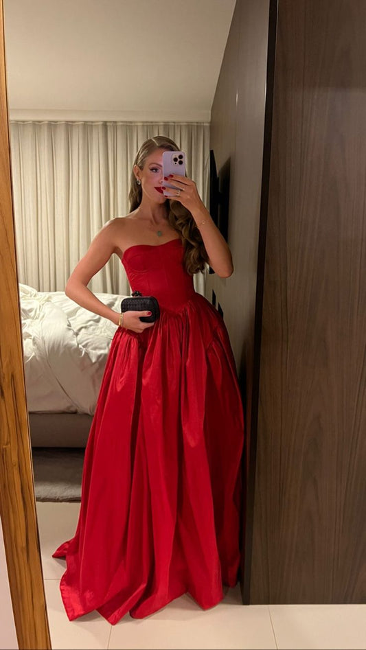 Charmante robe de bal longue rouge en satin plissé, sans bretelles, coupe trapèze, tenue de soirée pour 20e anniversaire, RB1579