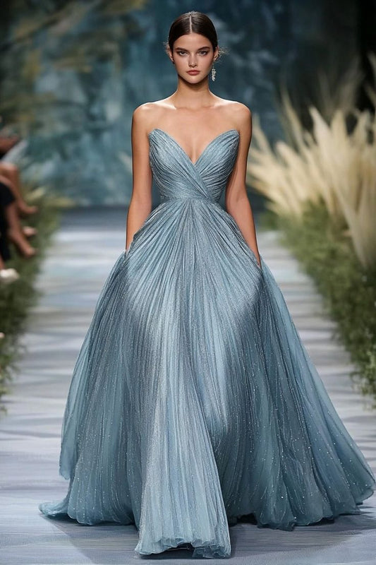 Modest A Line Sweetheart Dusty Blue Pleated Beaded Long Prom Dresses For Teens Formal Dress 20th Birthday Outfits Prom Gown RB1580