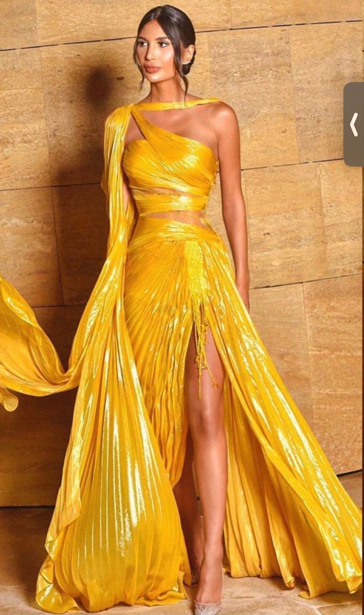 Robe de bal longue en satin jaune, asymétrique, style sirène, à volants et fente, tenue pour 20e anniversaire, RB1581