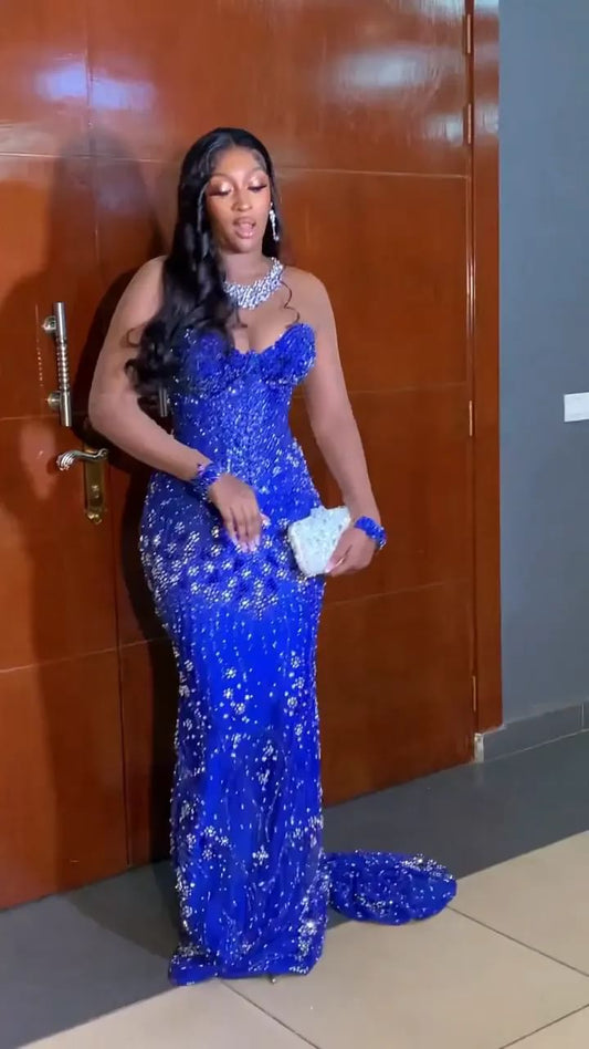 Elegant Mermaid Sweetheart Royal Blue Silver Beaded Sequin Long Prom Dresses 22th Birthday Outfits Prom Gown RB1589