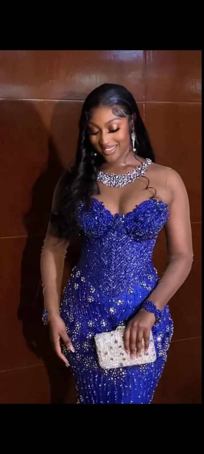 Robe de bal élégante sirène bleu roi, décolleté en cœur, paillettes argentées et perles, tenue de bal pour 22e anniversaire, RB1589