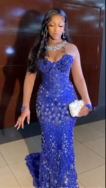 Robe de bal élégante sirène bleu roi, décolleté en cœur, paillettes argentées et perles, tenue de bal pour 22e anniversaire, RB1589