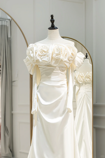 Romantic Mermaid Off The Shoulder Fitted Corset Long Sleeves White Satin Wedding Dress Long Bridal Gown Wedding Dresses RB1592