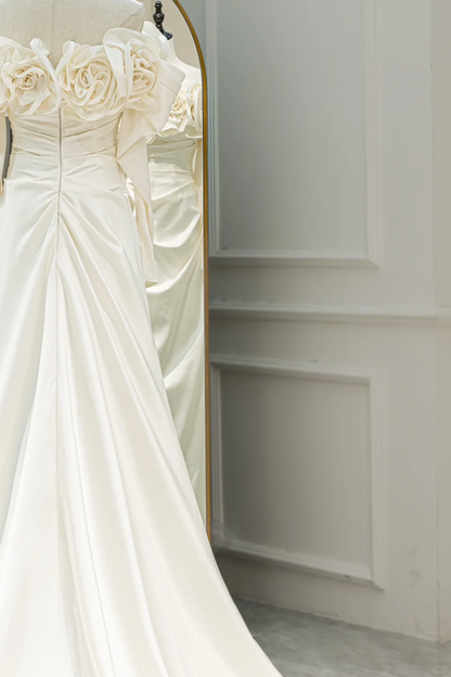 Romantic Mermaid Off The Shoulder Fitted Corset Long Sleeves White Satin Wedding Dress Long Bridal Gown Wedding Dresses RB1592