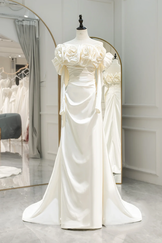Romantic Mermaid Off The Shoulder Fitted Corset Long Sleeves White Satin Wedding Dress Long Bridal Gown Wedding Dresses RB1592