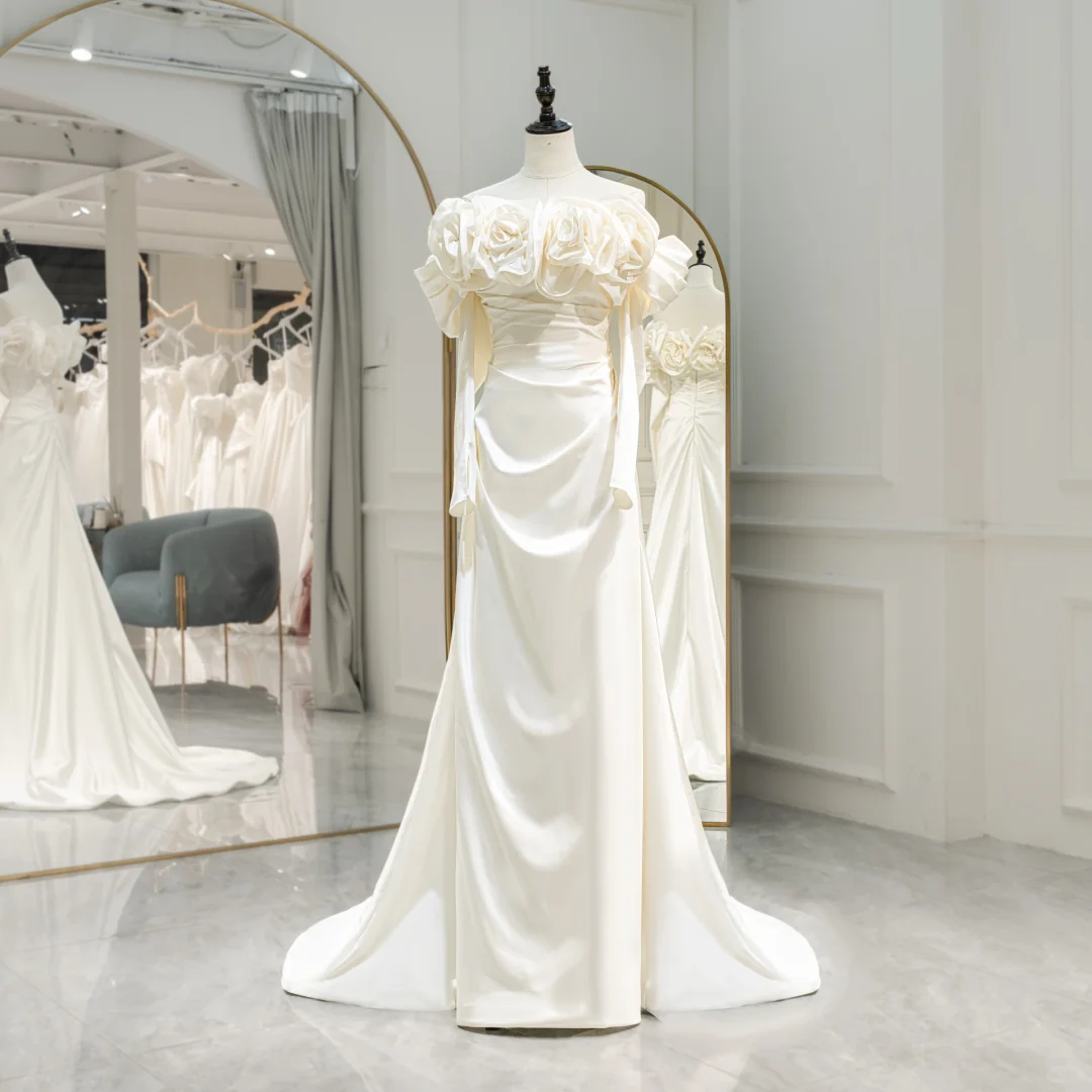Romantic Mermaid Off The Shoulder Fitted Corset Long Sleeves White Satin Wedding Dress Long Bridal Gown Wedding Dresses RB1592