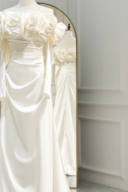 Romantic Mermaid Off The Shoulder Fitted Corset Long Sleeves White Satin Wedding Dress Long Bridal Gown Wedding Dresses RB1592