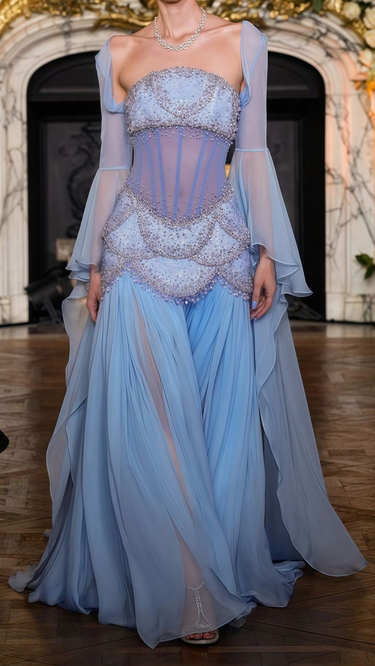 Robe de bal sirène bustier en mousseline de soie bleue, longue et modeste, ornée de perles, pour adolescentes, tenue de soirée pour 20e anniversaire, RB1595