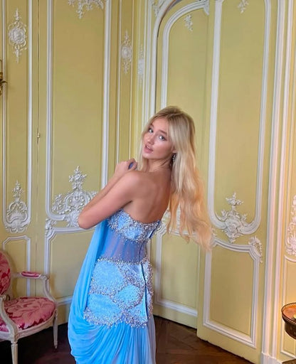 Pretty Mermaid Strapless Maxi Long Party Light Blue Chiffon Prom Dresses Evening Dress RB1595
