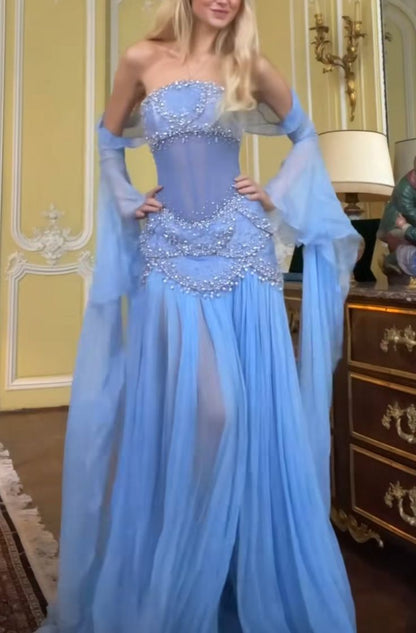 Robe de bal sirène bustier en mousseline de soie bleue, longue et modeste, ornée de perles, pour adolescentes, tenue de soirée pour 20e anniversaire, RB1595