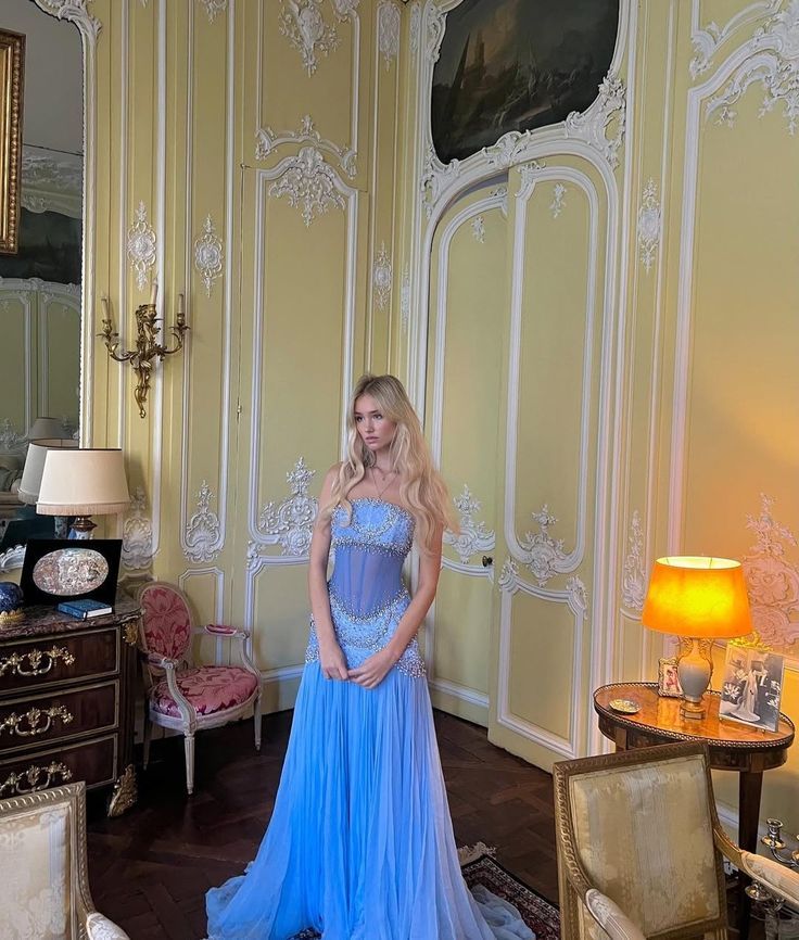 Robe de bal sirène bustier en mousseline de soie bleue, longue et modeste, ornée de perles, pour adolescentes, tenue de soirée pour 20e anniversaire, RB1595
