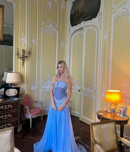Robe de bal sirène bustier en mousseline de soie bleue, longue et modeste, ornée de perles, pour adolescentes, tenue de soirée pour 20e anniversaire, RB1595