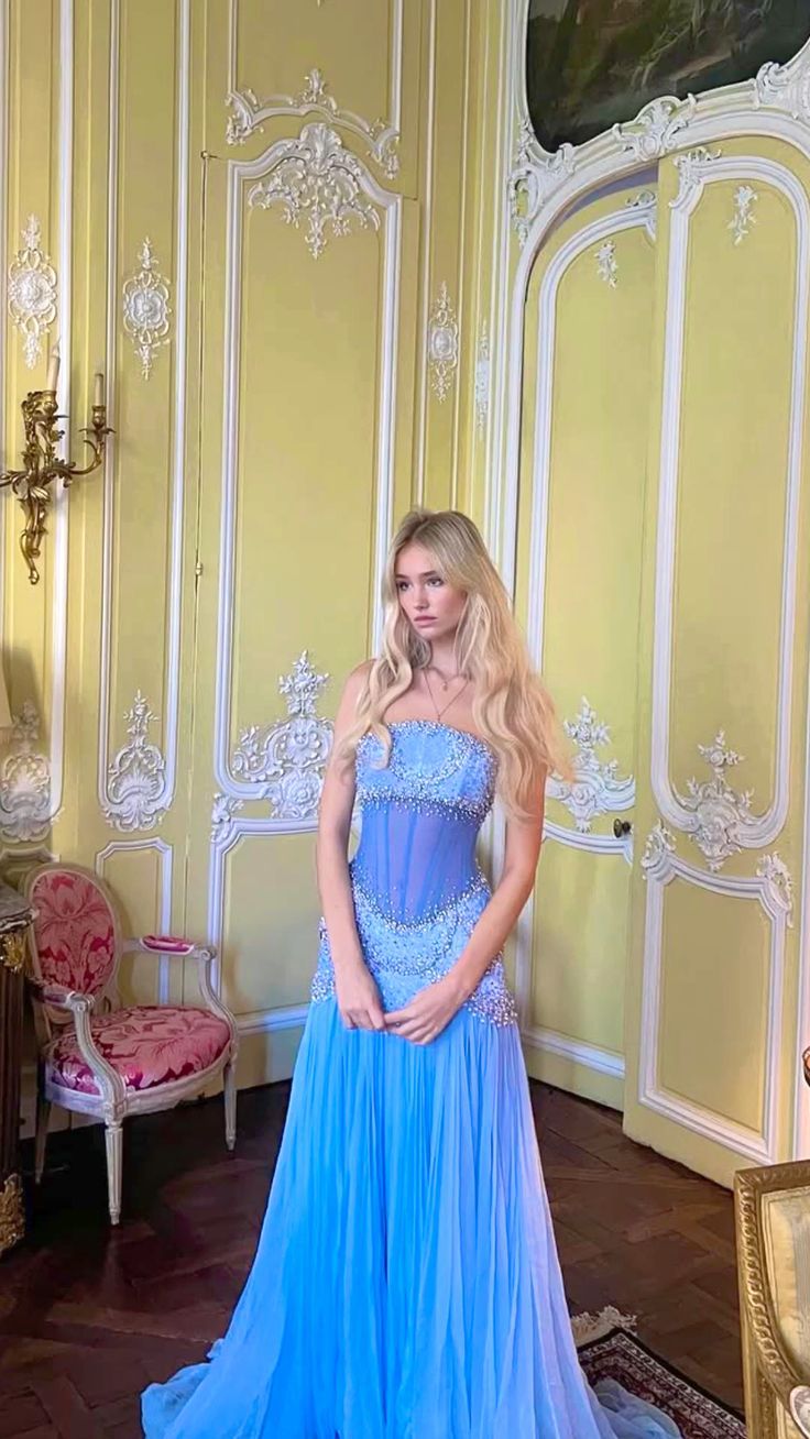 Pretty Mermaid Strapless Maxi Long Party Light Blue Chiffon Prom Dresses Evening Dress RB1595