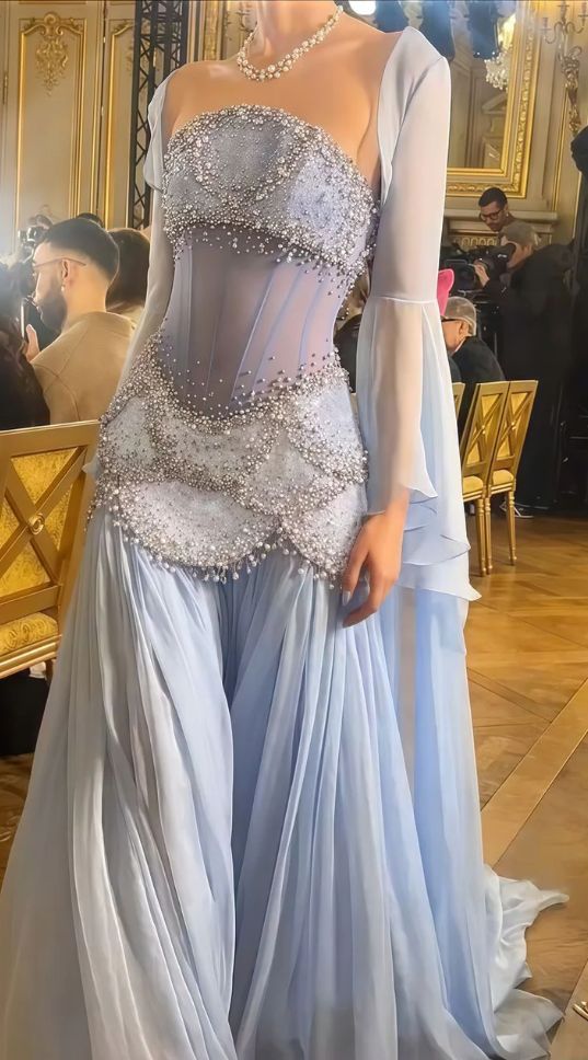 Robe de bal sirène bustier en mousseline de soie bleue, longue et modeste, ornée de perles, pour adolescentes, tenue de soirée pour 20e anniversaire, RB1595