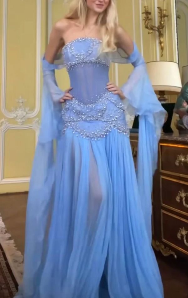 Robe de bal sirène bustier en mousseline de soie bleue, longue et modeste, ornée de perles, pour adolescentes, tenue de soirée pour 20e anniversaire, RB1595