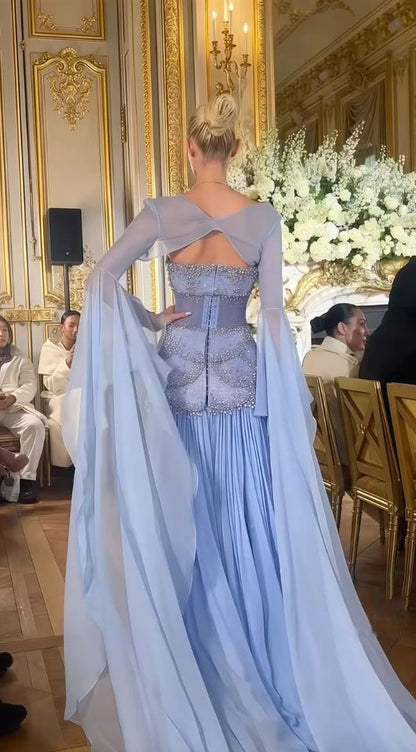 Robe de bal sirène bustier en mousseline de soie bleue, longue et modeste, ornée de perles, pour adolescentes, tenue de soirée pour 20e anniversaire, RB1595