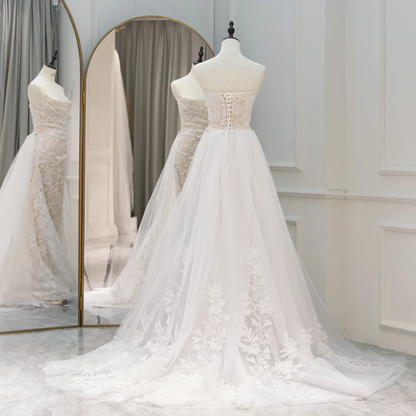 Romantic Mermaid Strapless Lace Fitted Corset Long Wedding Dress Long Bridal Gown Wedding Dresses RB1598