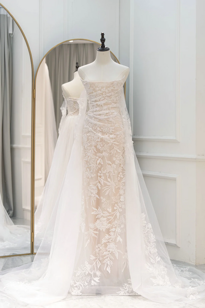 Romantic Mermaid Strapless Lace Fitted Corset Long Wedding Dress Long Bridal Gown Wedding Dresses RB1598