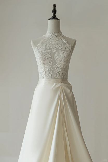 Simple A Line High Neck Sleeveless Lace Fitted Long Wedding Dress Bridal Gown Wedding Dresses RB1599