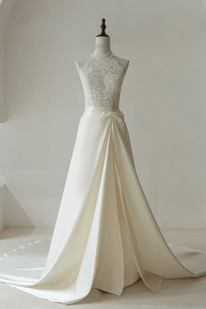 Simple A Line High Neck Sleeveless Lace Fitted Long Wedding Dress Bridal Gown Wedding Dresses RB1599