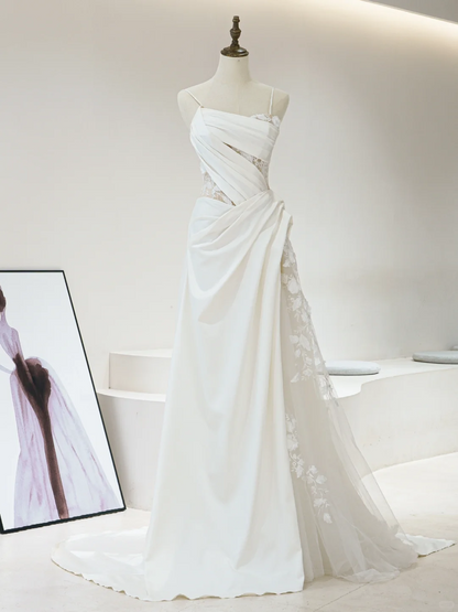 Robe de mariée longue en satin blanc plissé, style sirène, bretelles spaghetti, intemporelle, RB1600