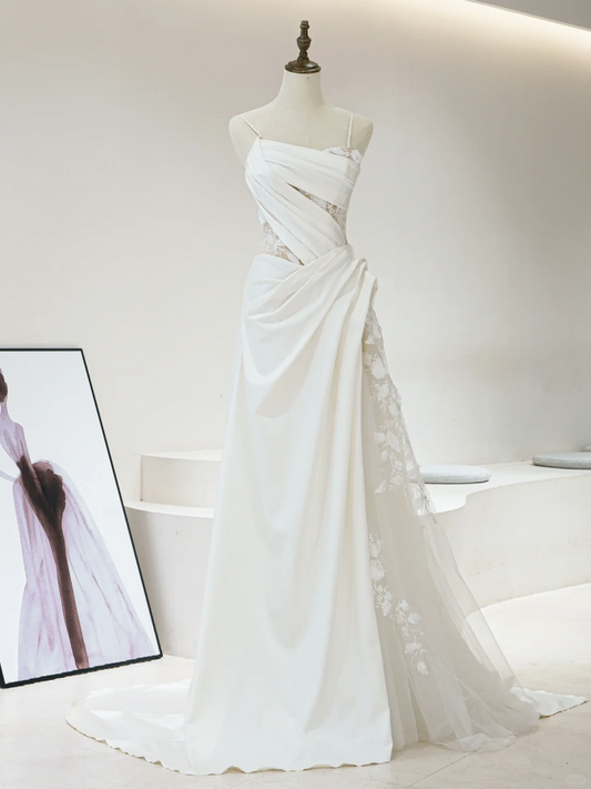 Timeless Mermaid Spaghetti Straps White Satin Pleated Wedding Dress Long Bridal Gown Wedding Dresses RB1600