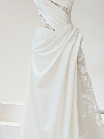 Robe de mariée longue en satin blanc plissé, style sirène, bretelles spaghetti, intemporelle, RB1600