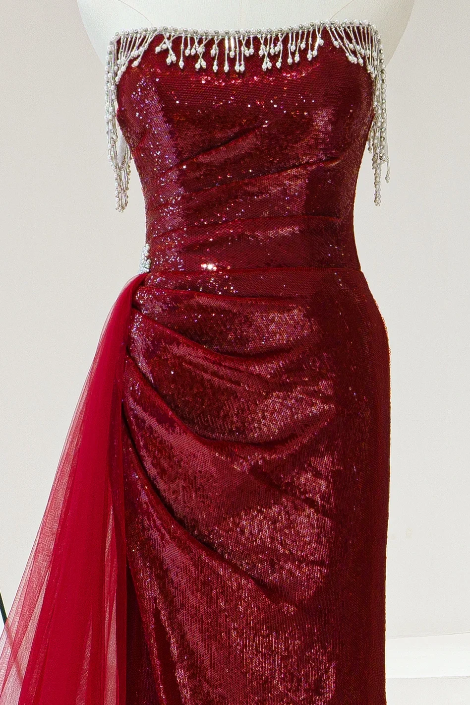 Robe de bal sirène modeste sans bretelles, bordeaux, paillettes et perles, longue, pour adolescentes, tenue de soirée pour 20e anniversaire, robe de bal RB1602