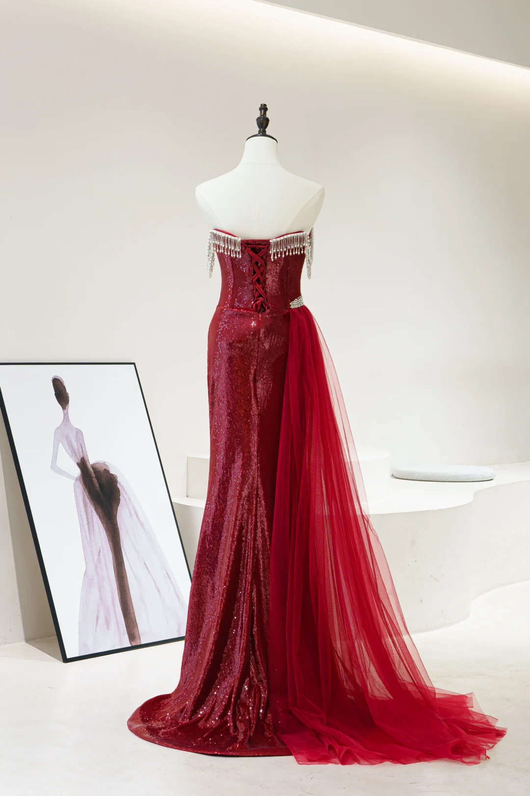 Robe de bal sirène modeste sans bretelles, bordeaux, paillettes et perles, longue, pour adolescentes, tenue de soirée pour 20e anniversaire, robe de bal RB1602