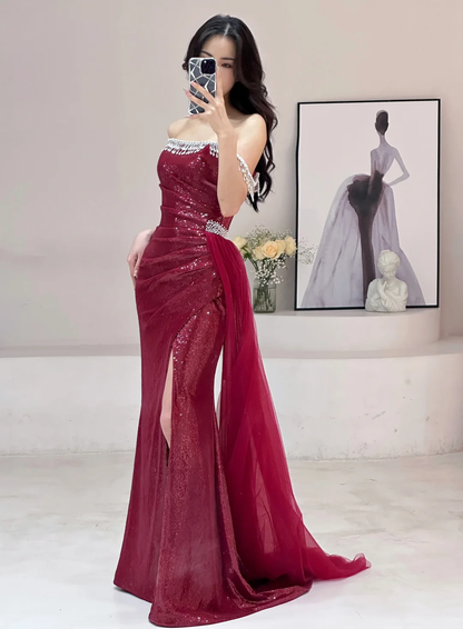 Robe de bal sirène modeste sans bretelles, bordeaux, paillettes et perles, longue, pour adolescentes, tenue de soirée pour 20e anniversaire, robe de bal RB1602