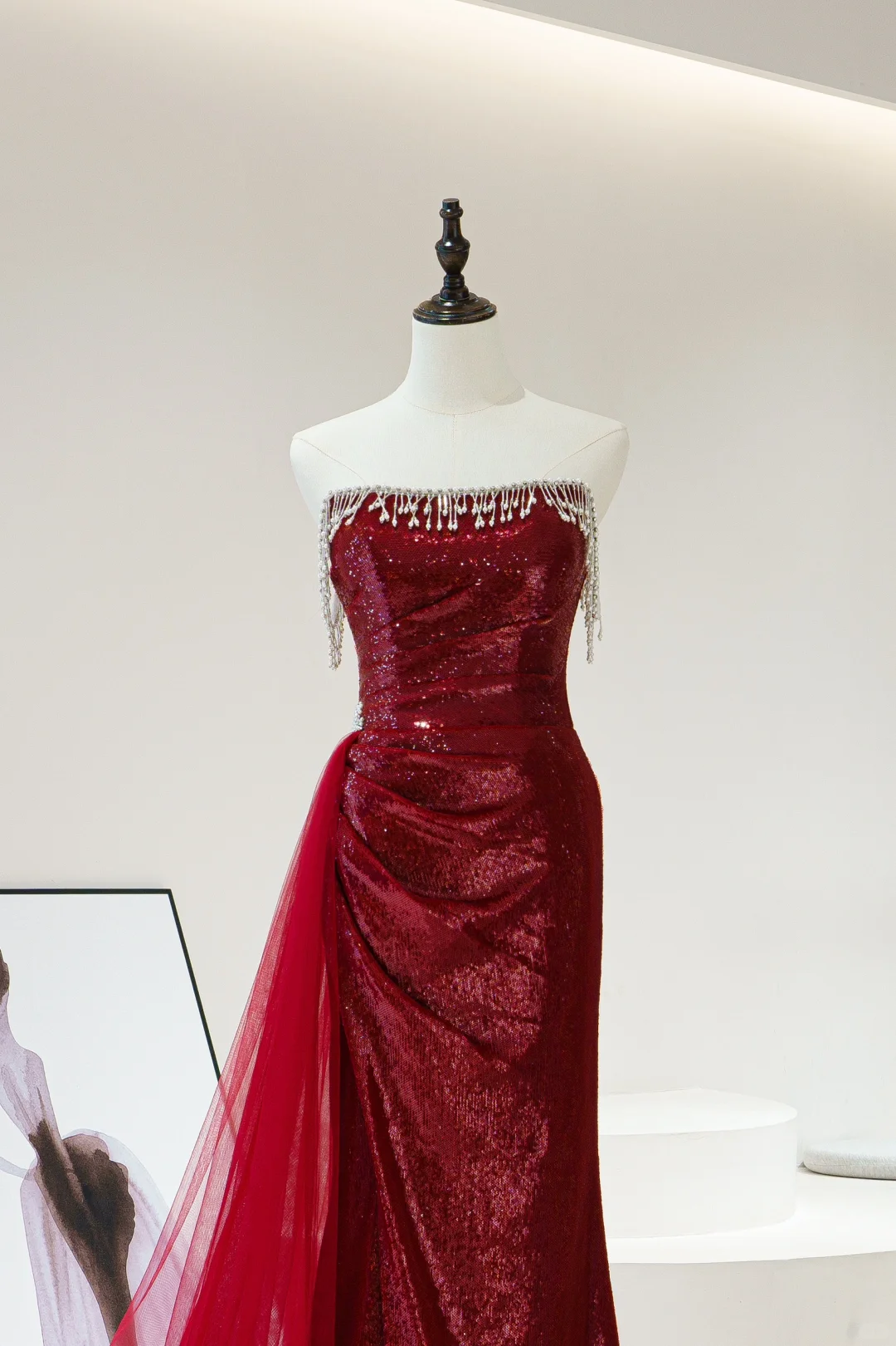 Robe de bal sirène modeste sans bretelles, bordeaux, paillettes et perles, longue, pour adolescentes, tenue de soirée pour 20e anniversaire, robe de bal RB1602