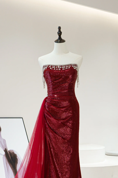 Robe de bal sirène modeste sans bretelles, bordeaux, paillettes et perles, longue, pour adolescentes, tenue de soirée pour 20e anniversaire, robe de bal RB1602