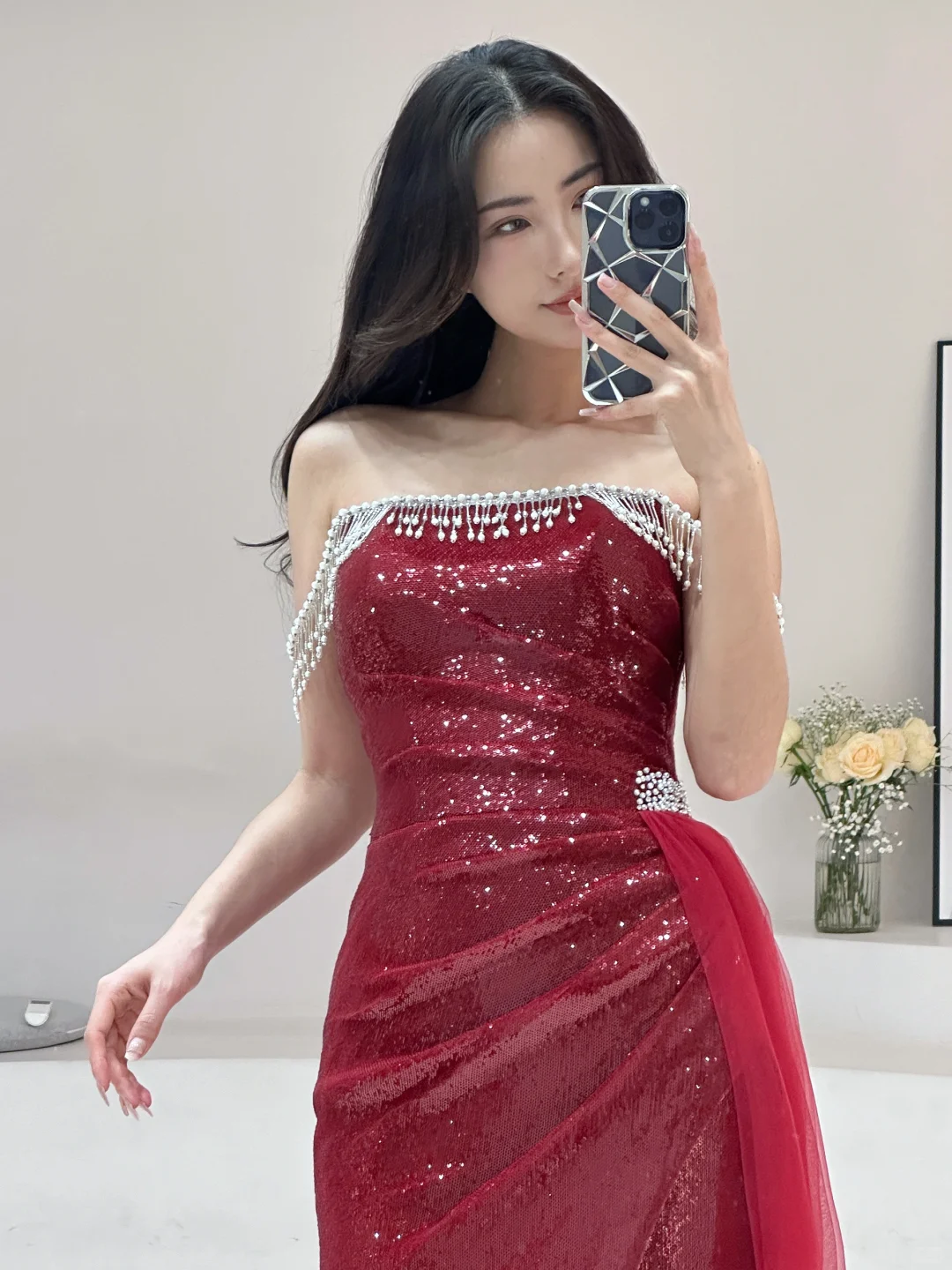 Robe de bal sirène modeste sans bretelles, bordeaux, paillettes et perles, longue, pour adolescentes, tenue de soirée pour 20e anniversaire, robe de bal RB1602