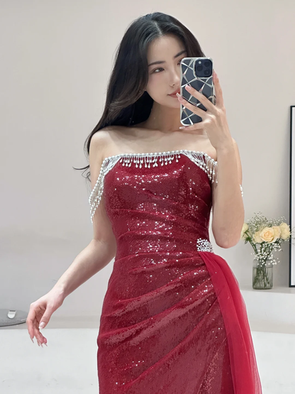 Robe de bal sirène modeste sans bretelles, bordeaux, paillettes et perles, longue, pour adolescentes, tenue de soirée pour 20e anniversaire, robe de bal RB1602