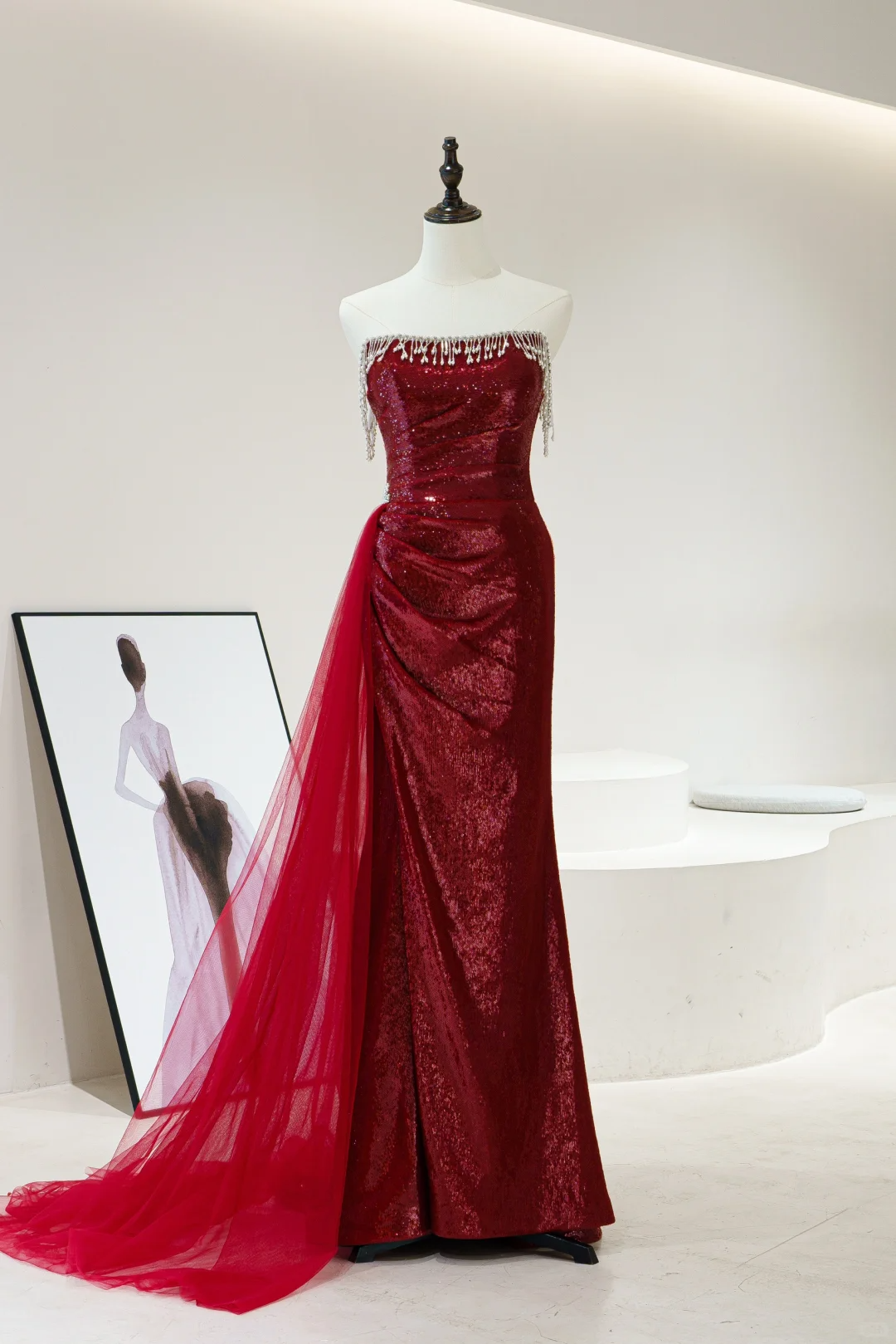 Robe de bal sirène modeste sans bretelles, bordeaux, paillettes et perles, longue, pour adolescentes, tenue de soirée pour 20e anniversaire, robe de bal RB1602