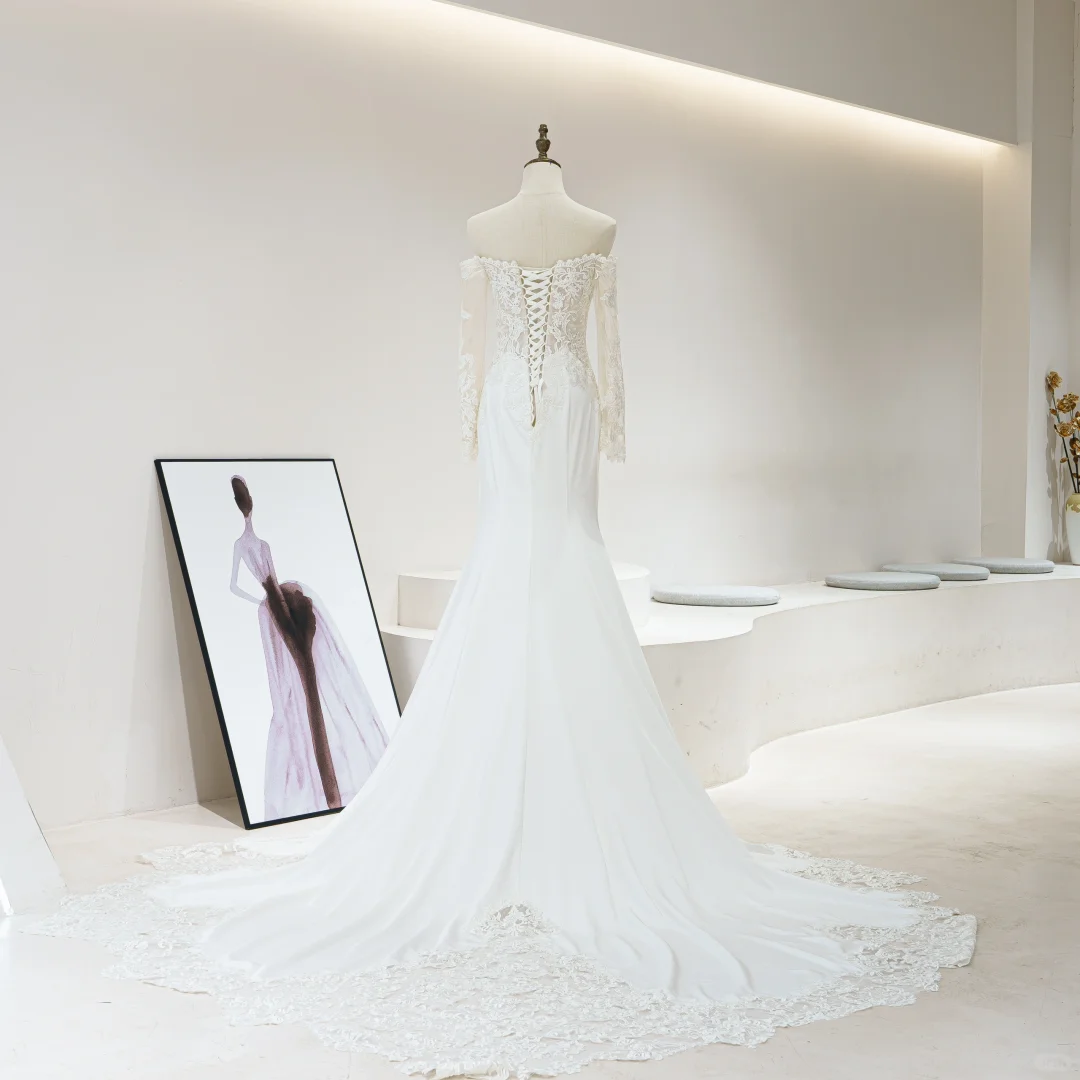 Robe de mariée sirène en dentelle blanche, épaules dénudées, corset ajusté, manches longues, longue, RB1604