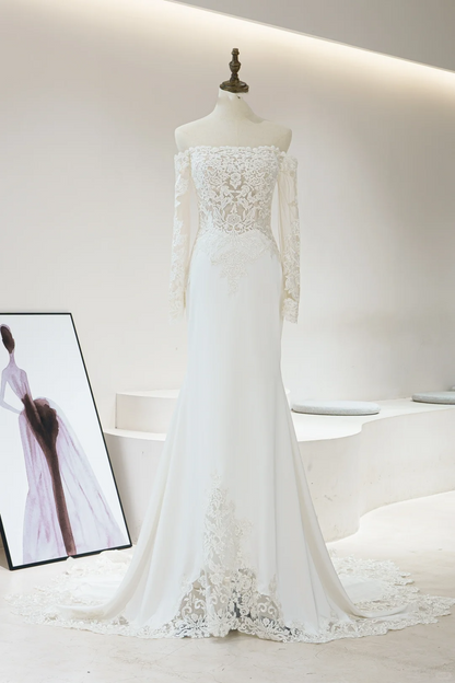 Robe de mariée sirène en dentelle blanche, épaules dénudées, corset ajusté, manches longues, longue, RB1604