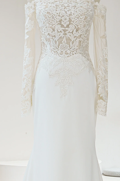 Robe de mariée sirène en dentelle blanche, épaules dénudées, corset ajusté, manches longues, longue, RB1604