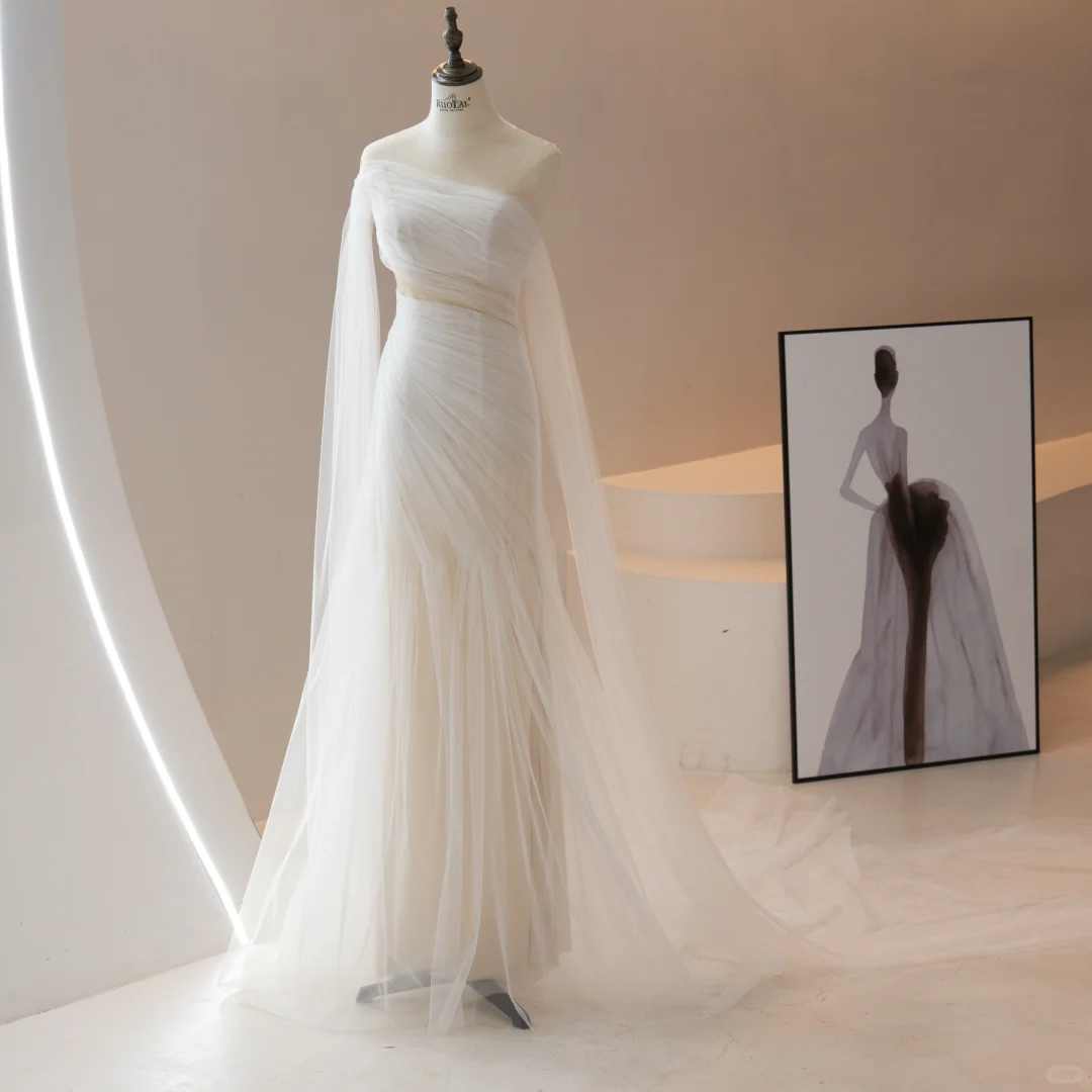 Stunning Mermaid Scoop White Tulle Fitted Wedding Dress Long Bridal Gown Wedding Gowns RB1610