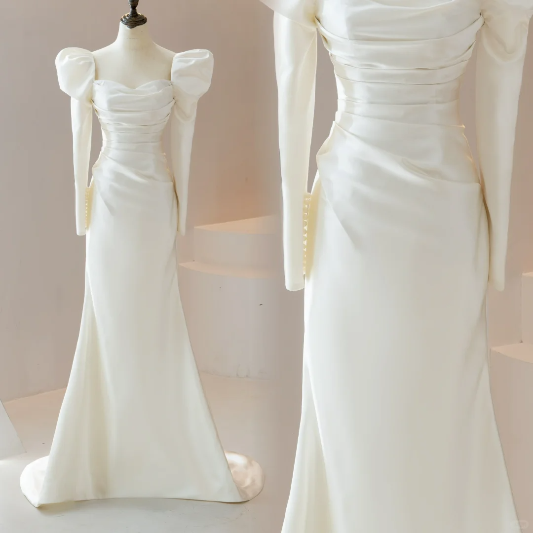 Simple Mermaid Square Neck White Long Sleeve Fitted Wedding Dress Bridal Gown Wedding Gowns RB1611