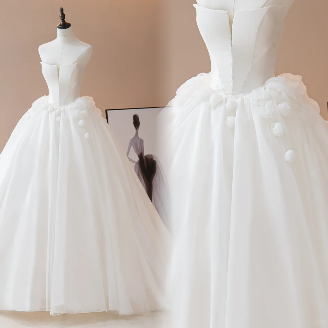 Robe de mariée princesse sans bretelles, sans manches, en tulle, longue et ajustée, blanche, RB1608