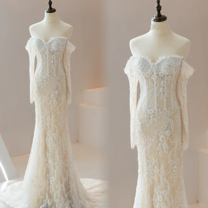 Stunning Mermaid Off The Shoulder Fitted Corset Lace Long Sleeve Wedding Dress Bridal Gown Wedding Gowns RB1612
