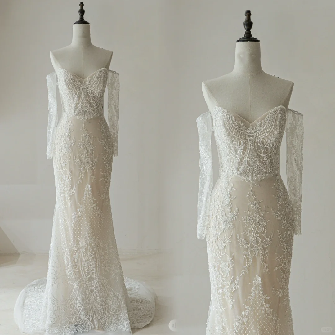 Robe de mariée sirène modeste à épaules dénudées, corset ajusté en dentelle, manches longues, ajustée et évasée, robes de mariée R1612
