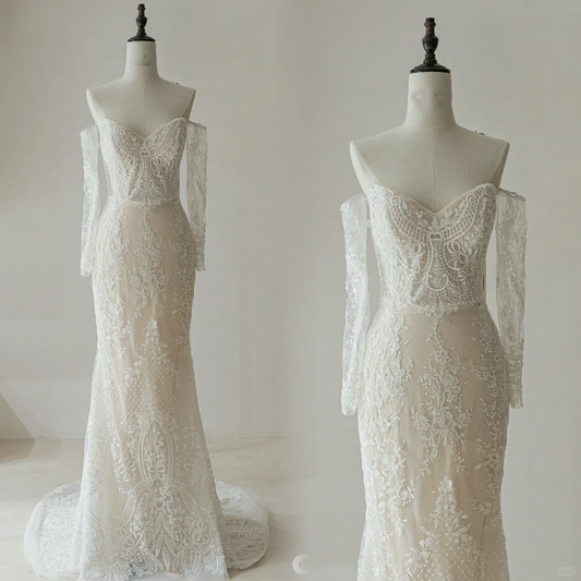 Modest Mermaid Off The Shoulder Fitted Corset Lace Long Sleeve Fit and Flare Wedding Dress Bridal Gown Wedding Gowns R1612