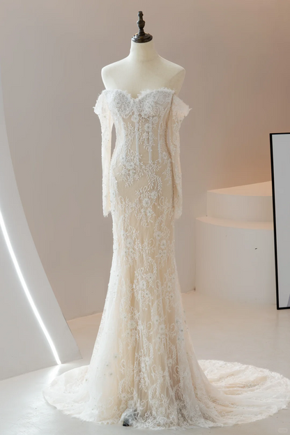 Stunning Mermaid Off The Shoulder Fitted Corset Lace Long Sleeve Wedding Dress Bridal Gown Wedding Gowns RB1612
