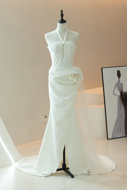 Simple Mermaid Halter Sleeveless Satin Fitted Long Wedding Dress Bridal Gown Wedding Dresses RB1615